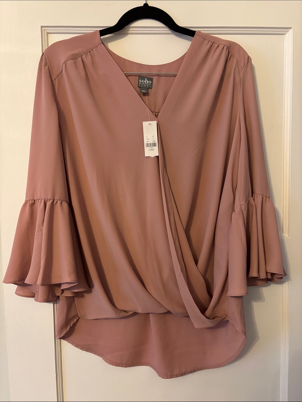 Soho Dusty Rose Draped V-Neck Bell Sleeve Blouse